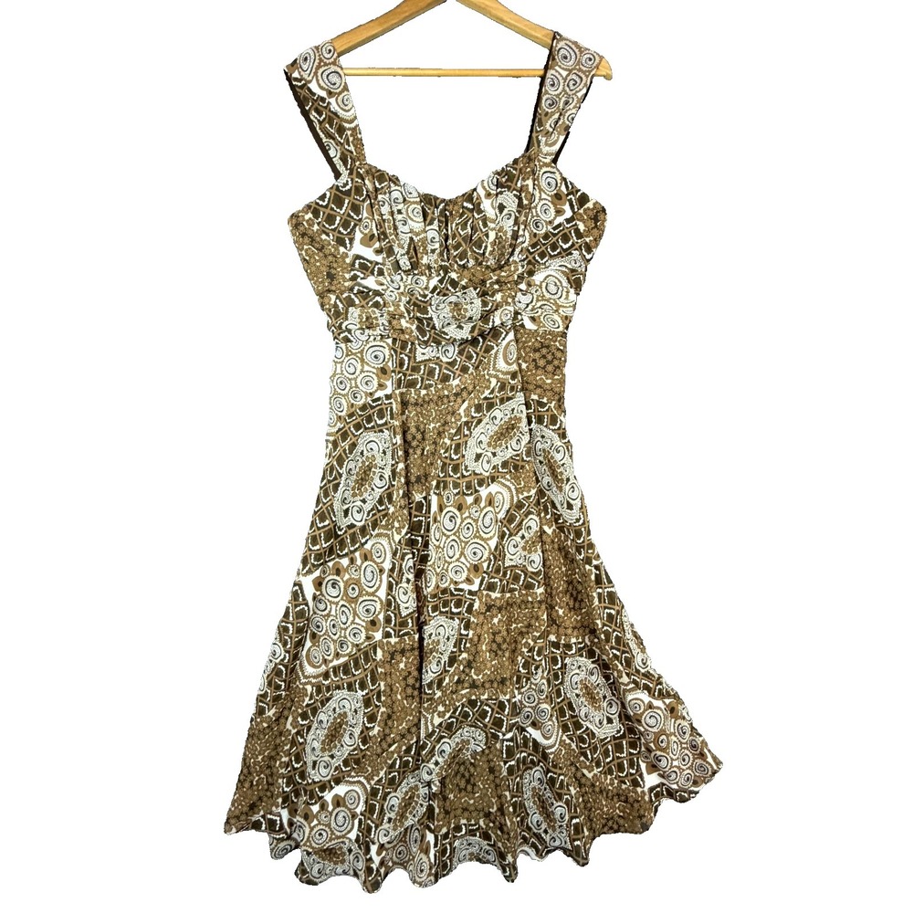 Bandolino Fit & Flare Dress Womens 8 Brown Milkmaid Boho Retro Earth Tones Flowy